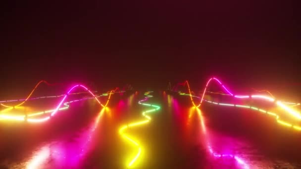 Flying over a colorful bright neon glowing graphic equalizer. World of music. Modern signal spectrum, laser show, energy, sound vibrations and waves. — Stock Video