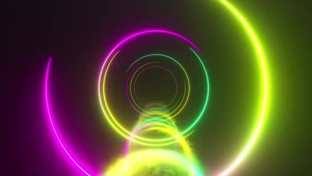 Infinity flight inside tunnel, neon light abstract background, round arcade, portal, rings, circles, virtual reality, modern light spectrum, laser show. Seamless loop 3d render — Stock Video