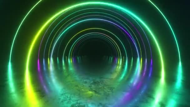 Oändlighet flygning inuti tunneln, neon ljus abstrakt bakgrund, runda arkad, portal, ringar, cirklar, virtuell verklighet, modernt spektrum, laser show, metall golv reflektion. Sömlös slinga 3d render — Stockvideo