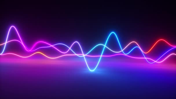 Renkli parlak neon parlayan grafik eşitleyici. Ultraviyole sinyal spektrumu, lazer gösterisi, enerji, ses titreşimleri ve dalgalar. Kusursuz 3D döngü oluşturucu — Stok video