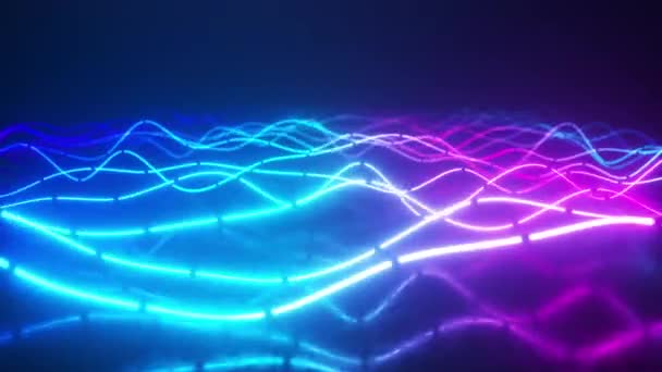 Futuristiska neon glödande yta gjord av ljusa linjer. Abstrakt rörelse bakgrund. Ultraviolett signalspektrum, lasershow, energi, ljudvibrationer och vågor. Sömlös slinga 3d render — Stockvideo