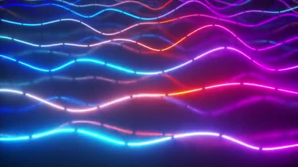 Futuristiska neon glödande yta gjord av ljusa linjer. Abstrakt rörelse bakgrund. Ultraviolett signalspektrum, lasershow, energi, ljudvibrationer och vågor. Sömlös slinga 3d render — Stockvideo