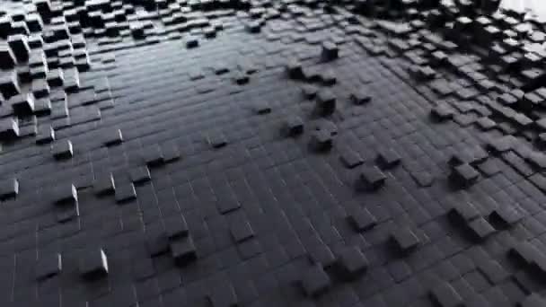 Absztrakt hullám háttér egy fekete mozgó kocka felület. Geometrikus fogalom véletlenszerű dobozokkal vagy oszlopokkal. Motion design sablon. Zökkenőmentes hurok 4k 3d render. Technológiai összetétel. Radiális hullám. — Stock videók