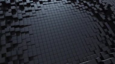 Siyah hareket eden kübik yüzeyi olan soyut dalga arkaplanı. Rastgele kutular ve sütunlarla Geometrik konsept. Hareket tasarım şablonu. Kusursuz döngü 4k 3D görüntüleme. Teknoloji kompozisyonu. Radikal dalgalanma.