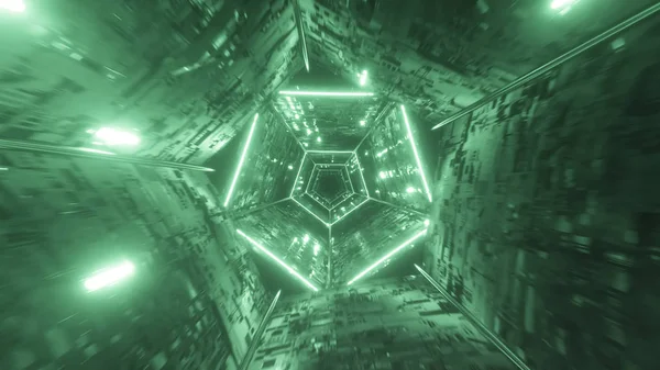 Niekończący się lot w futurystycznym cyfrowym tunelu neonowym w kosmosie. Zielone światło. Ilustracja 3D — Zdjęcie stockowe