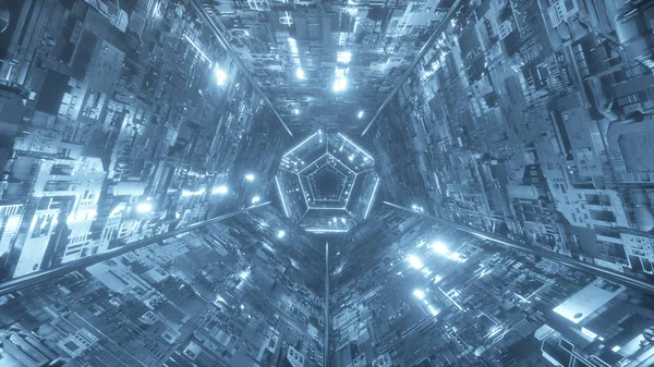 Vuelo sin fin en un túnel de neón digital tecnológico futurista en el espacio. Iluminación fría. ilustración 3d —  Fotos de Stock