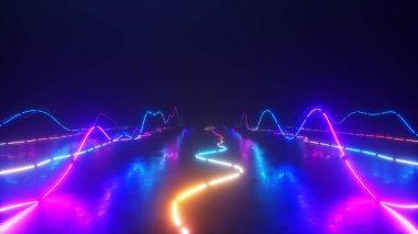Renkli parlak neon ışıklı bir grafik dengeleyicinin üzerinde uçuyor. Müzik dünyası. Ultraviyole sinyal spektrumu, lazer gösterisi, enerji, ses titreşimleri ve dalgalar.