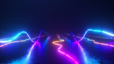 Renkli parlak neon ışıklı bir grafik dengeleyicinin üzerinde uçuyor. Müzik dünyası. Ultraviyole sinyal spektrumu, lazer gösterisi, enerji, ses titreşimleri ve dalgalar.