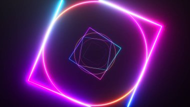 Tünelin içinde sonsuz uçuş, neon ışığı soyut arka plan, yuvarlak arcade, portal, halkalar, daireler, sanal gerçeklik, ultraviyole spektrum, lazer gösterisi, metal zemin yansıması. 3d illüstrasyon
