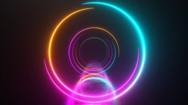 Tünelin içinde sonsuz uçuş, neon ışığı soyut arka plan, yuvarlak oyun salonu, portal, halkalar, daireler, sanal gerçeklik, modern ışık spektrumu, lazer gösterisi. 3d illüstrasyon