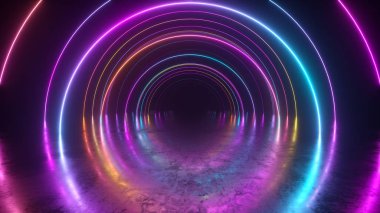 Tünelin içinde sonsuz uçuş, neon ışığı soyut arka plan, yuvarlak arcade, portal, halkalar, daireler, sanal gerçeklik, ultraviyole spektrum, lazer gösterisi, metal zemin yansıması. 3d illüstrasyon