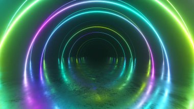 Tünelin içinde sonsuz uçuş, neon ışığı soyut arka plan, yuvarlak arcade, portal, halkalar, daireler, sanal gerçeklik, ultraviyole spektrum, lazer gösterisi, metal zemin yansıması. 3d illüstrasyon