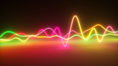 Renkli parlak neon parlayan grafik eşitleyici. Çok renkli sinyal spektrumu, lazer gösterisi, enerji, ses titreşimleri ve dalgalar. 3d illüstrasyon