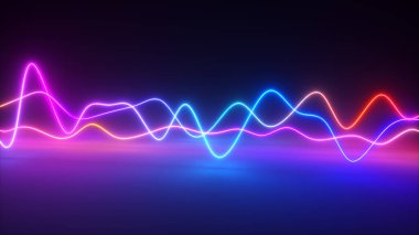 Renkli parlak neon parlayan grafik eşitleyici. Ultraviyole sinyal spektrumu, lazer gösterisi, enerji, ses titreşimleri ve dalgalar. 3d illüstrasyon