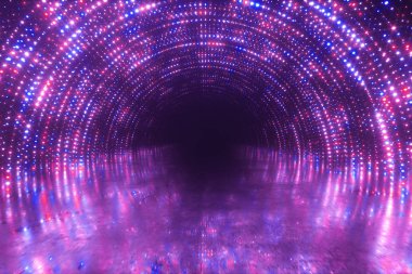 Abstrakt hareket arkaplanı. Neon ışıkları. Parlak noktalar spiral tünel. Parlak canlı noktalar. Lazer aydınlatma. Pembe ve mavi renkler. Yansıtıcı metal çizik döşemesi. 3d illüstrasyon