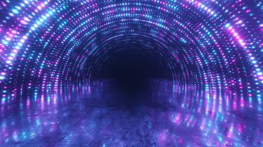 Abstrakt hareket arkaplanı. Neon ışıkları. Parlak noktalar spiral tünel. Parlak canlı noktalar. Lazer aydınlatma. Pembe ve mavi renkler. Yansıtıcı metal çizik döşemesi. 3d illüstrasyon