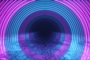 Abstrakt hareket arkaplanı. Neon ışıkları. Parlak noktalar spiral tünel. Parlak canlı noktalar. Lazer aydınlatma. Pembe ve mavi renkler. Yansıtıcı metal çizik döşemesi. 3d illüstrasyon