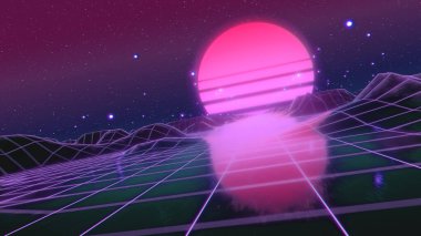 Zemin ve tepelerde çokgen bir ağ oluşturarak uzayda geçmişe dönük fütüristik uçuş. 80 'lerin konsepti. Fevkalade soyut neon fon. Kamera yana yattı, Hollanda köşesi. 3d illüstrasyon