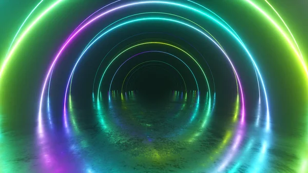 Oneindigheid vlucht in tunnel, neon licht abstracte achtergrond, ronde arcade, portaal, ringen, cirkels, virtual reality, ultraviolet spectrum, laser show, metalen vloer reflectie. 3d illustratie — Stockfoto
