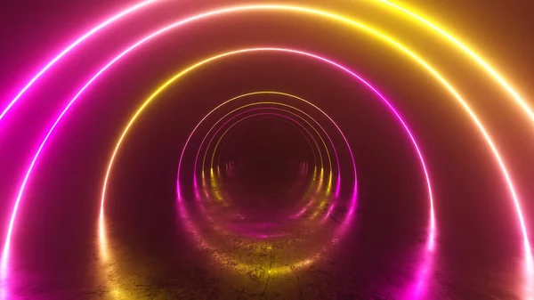 Voo infinito dentro do túnel, fundo abstrato de luz de néon, arcada redonda, portal, anéis, círculos, realidade virtual, espectro ultravioleta, show de laser, reflexão de piso de metal. ilustração 3d — Fotografia de Stock