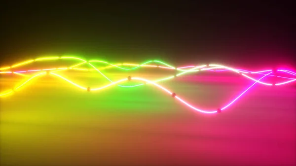 Kleurrijke heldere neon gloeiende grafische equalizer. Veelkleurig signaalspectrum, lasershow, energie, geluidstrillingen en golven. 3d illustratie — Stockfoto