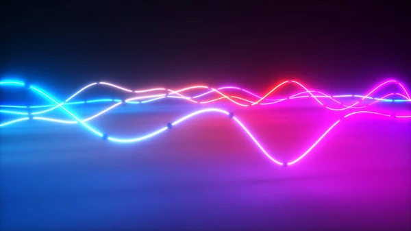 Kleurrijke heldere neon gloeiende grafische equalizer. Ultraviolet signaalspectrum, lasershow, energie, geluidstrillingen en golven. 3d illustratie — Stockfoto