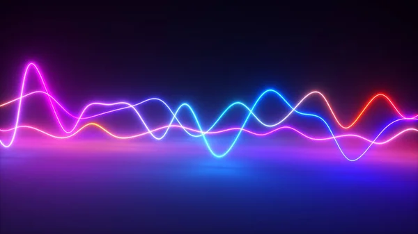 Barevný zářivý neonový grafický ekvalizér. Ultrafialové signální spektrum, laserová show, energie, zvukové vibrace a vlny. 3D ilustrace — Stock fotografie