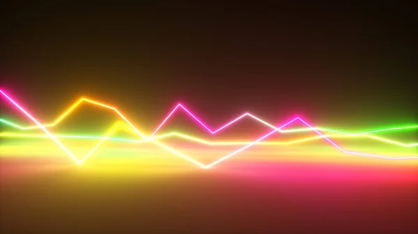 Kleurrijke heldere neon gloeiende grafische equalizer. Veelkleurig signaalspectrum, lasershow, energie, geluidstrillingen en golven. 3d illustratie — Stockfoto