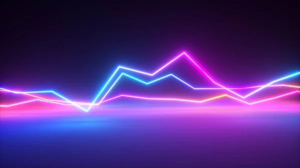 Heldere kleurrijke gloeiende neonlijnen. Abstracte muzikale equalizer achtergrond, grafiek, diagram, tekening, curve, grafiek. Moderne ultraviolet blauw paarse kleur cpectrum.3d illustratie — Stockfoto