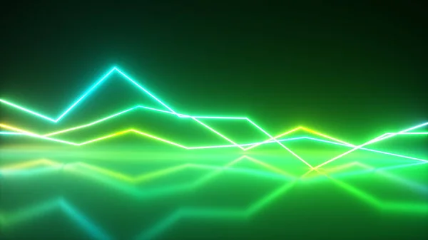 Világos, színes, izzó neonvonalak. Absztrakt zenei kiegyenlítő háttér, grafikon, diagram, rajz, görbe, chart. Modern ultraibolya kék zöld színű cpectrum. 3d illusztráció — Stock Fotó