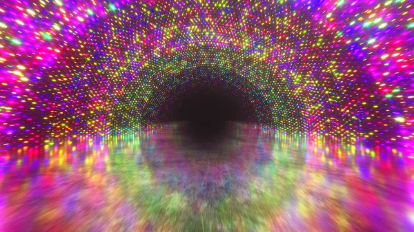 Bright light tunnel of luminous multi-colored dots and a reflective metal scratched texture floor. Light tunnel stage for your video backgrounds, concert visual performance. 3d illustration — Stock Photo, Image