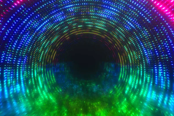 Luminoso tunnel luminoso di punti luminosi multicolori e un metallo riflettente graffiato pavimento texture. Palcoscenico del tunnel luminoso per i tuoi sfondi video, performance visive da concerto. Illustrazione 3d — Foto Stock