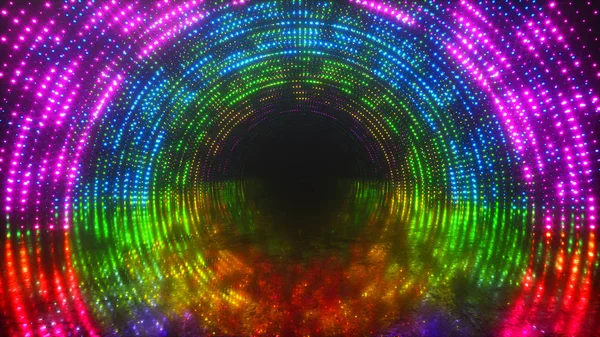 Bright light tunnel of luminous multi-colored dots and a reflective metal scratched texture floor. Light tunnel stage for your video backgrounds, concert visual performance. 3d illustration — Stock Photo, Image