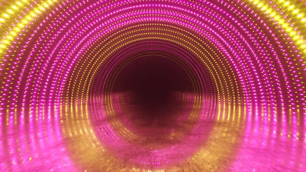 Abstrakcyjne tło ruchu. Neonowe światła. Świecące kropki spiralny tunel. Jasne, żywe kropki. oświetlenie laserowe. Różowe i niebieskie kolory. Odblaskowa, metalowa, porysowana podłoga. Ilustracja 3D — Zdjęcie stockowe