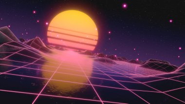 Zemin ve tepelerde çokgen bir ağ oluşturarak uzayda geçmişe dönük fütüristik uçuş. 80 'lerin konsepti. Fevkalade soyut neon fon. Kamera yana yattı, Hollanda köşesi. 3d illüstrasyon