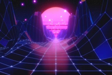 Zemin ve tepelerde çokgen bir ağ oluşturarak uzayda geçmişe dönük fütüristik uçuş. 80 'lerin konsepti. Fevkalade soyut neon fon. 3d illüstrasyon