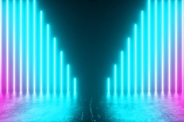 Parlak neon tüplerin yansımaları ve çizikleriyle demir metal bir zemine indiği fütüristik bir sahne. Çok renkli spektrum. 3d illüstrasyon