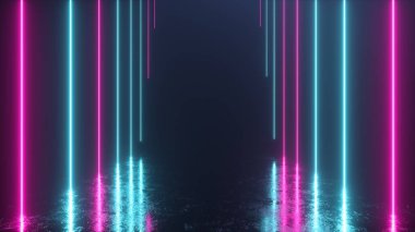 Sonsuz koridor ve neon hatları aşağı bakıyor. Metal yansıtıcı zemini çizmiş. 3 boyutlu illüstrasyon. Modern renkli neon ışık tayfı