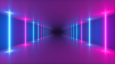 Fütürist bir koridor, parlak ışık tüpleri, lazerler ve çizgilerdeki bir uçuşun soyut, pürüzsüz, üç boyutlu illüstrasyonu. Modern renkli ışık tayfı