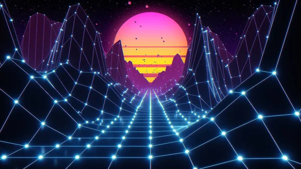 Retro futuristic flight in space with a polygonal mesh on the generated hills and floor. Concept 80s 90s. Fantastic abstract neon background. 3d illustration