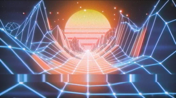 Retro futuristiska flygning i rymden med en polygonal mesh på de genererade kullarna och golvet. Koncept 80-talet 90-tal med buller artefakter pixelering posterization. 3D-illustration — Stockfoto