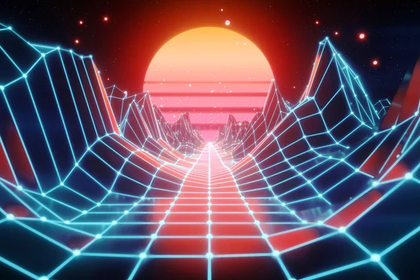 Retro futuristiska flygning i rymden med en polygonal mesh på de genererade kullarna och golvet. Begreppet 80-tal 90-tal. Fantastisk abstrakt neon bakgrund. 3D-illustration — Stockfoto