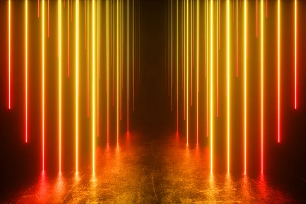 Endless corridor with neon lines tending up. Metal reflective scratched floor. 3d illustration. Modern colorful neon light spectrum