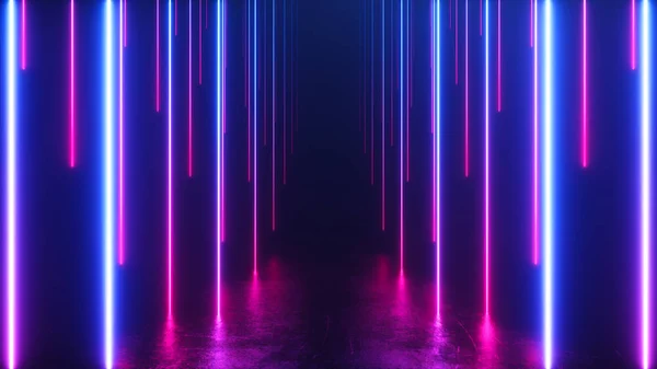 Corredor sem fim com linhas de néon tendendo para baixo. Metal reflexivo piso riscado. Ilustração 3d. Espectro de luz neon colorido moderno — Fotografia de Stock