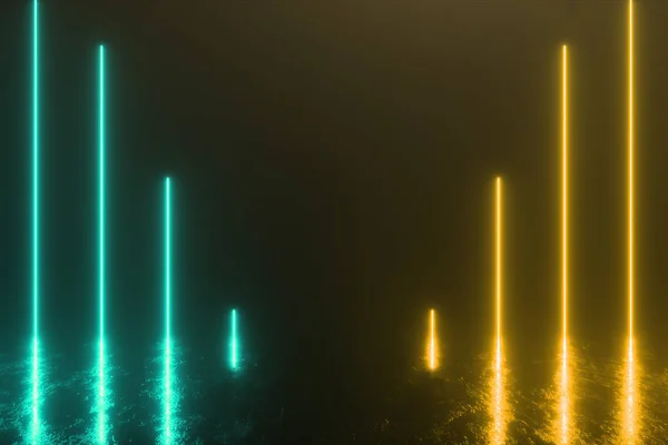 Futuristische scène met heldere neonbuizen die afdalen in een ijzeren metalen vloer met reflecties en krassen. Blauw violet kleurenspectrum. 3d illustratie — Stockfoto