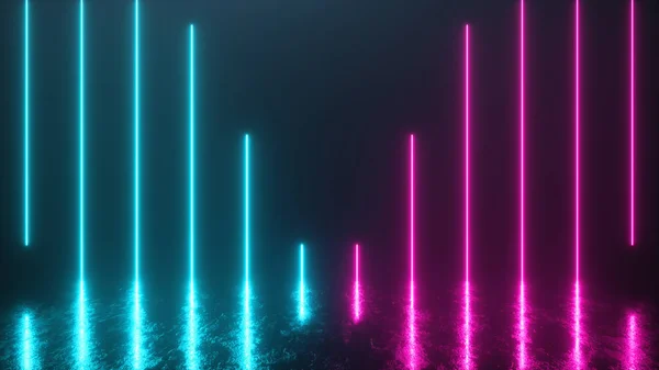 Футуристическая сцена с яркими неоновыми трубками, спускающимися в железный металлический пол с отражениями и царапинами. Синий фиолетовый цветовой спектр. 3d иллюстрация — стоковое фото