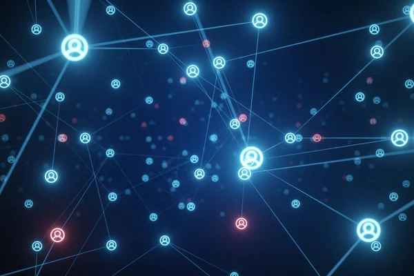 İnsanları internete bağlayan, düğümleri dönüştüren kara liste konsepti. Teknolojik soyut bir alanda kameranın uçuşu. Sosyal ağlar. 3d illüstrasyon