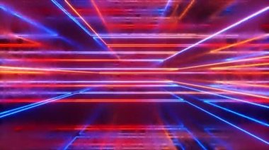 Soyut arkaplan, hareketli neon ışınları, metalik çizilmiş odanın içinde parlak çizgiler, floresan ultraviyole ışık, mavi kırmızı spektrum, döngü, dikişsiz 3D görüntü.