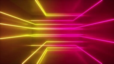 Soyut arkaplan, hareketli neon ışınları, odanın içinde parlak çizgiler, floresan ultraviyole ışık, sarı pembe spektrum, döngü, dikişsiz 3D görüntü