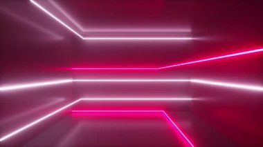 Soyut arkaplan, hareketli neon ışınları, odanın içinde parlak çizgiler, floresan ultraviyole ışık, kırmızı pembe beyaz spektrum, döngü, dikişsiz 3D görüntüleme
